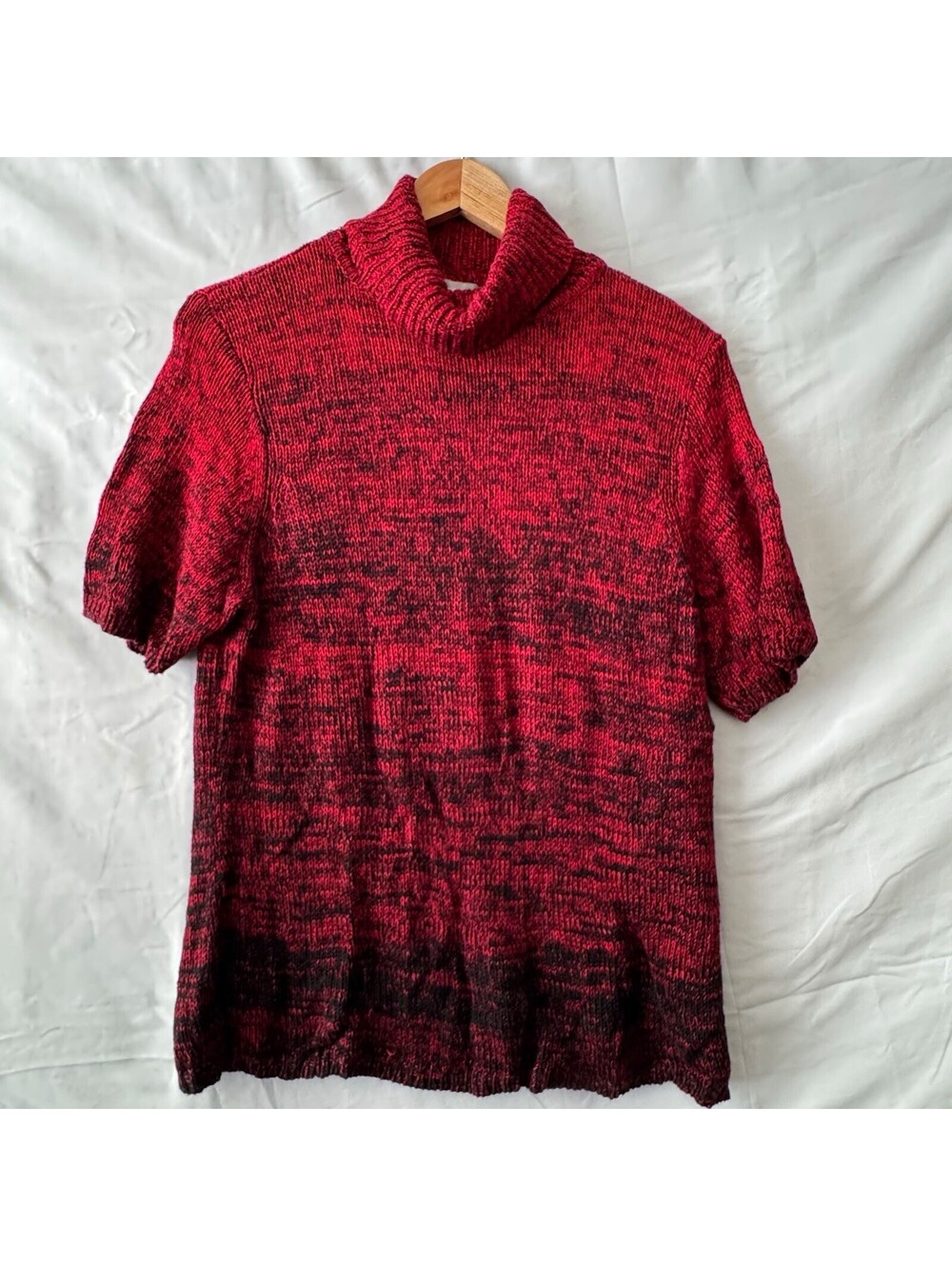 Liz Claiborne Sweater XL Red Black Marled Turtleneck Short Sleeve Silk Blend